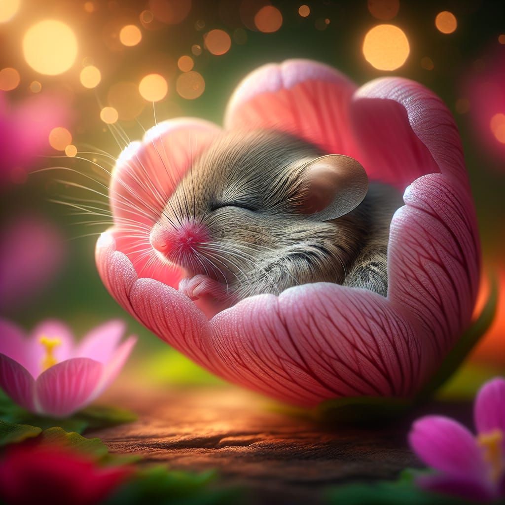 Mouse Asleep in Flower, Hyperrealistic Concept Art