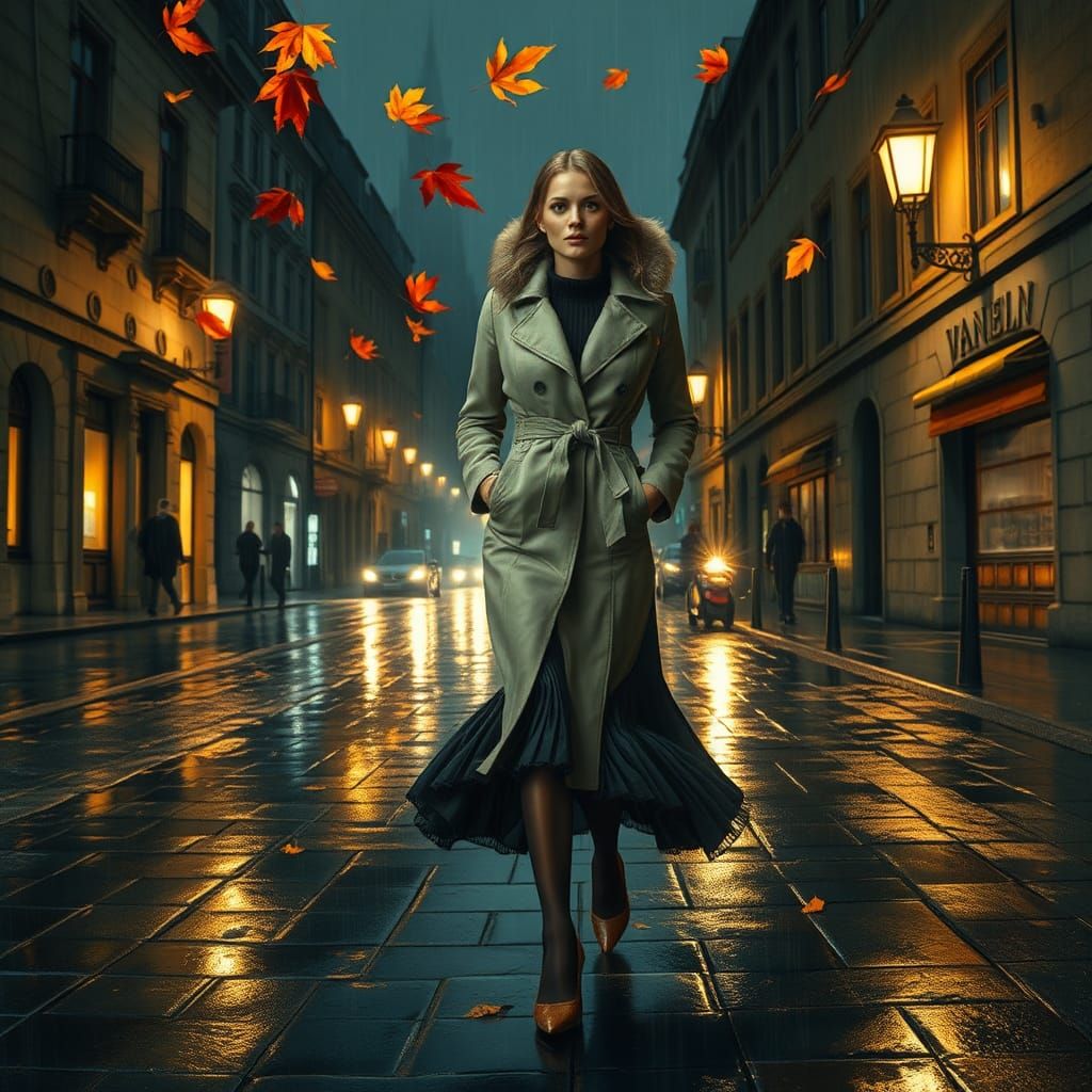 Woman Walking Through Rainy City Street, in Oil Painting Sty...