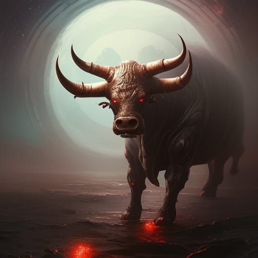 Cosmic Bull Bearing Earth: Dark Fantasy Concept Art