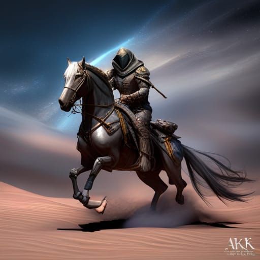 A night riding a horse in an abondaned desert Bronze Silver  ornate , Hooded Mask Dreamlike, monochromatic tetradic armo...
