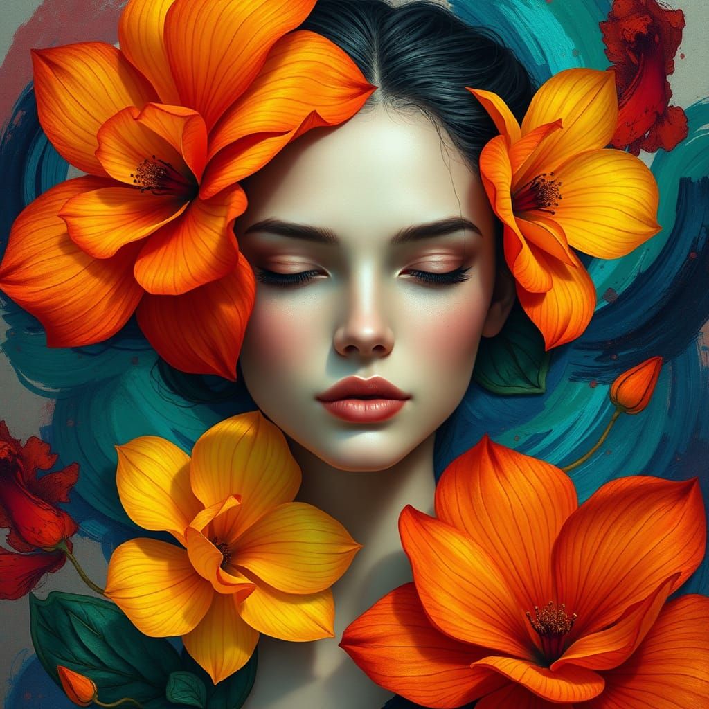 Ethereal Woman Portrait with Flowers in Art Nouveau Style