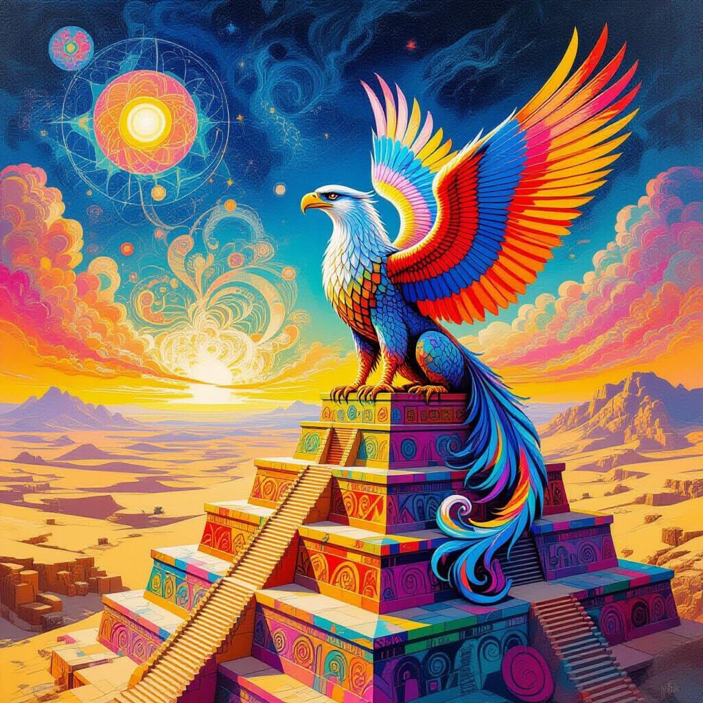 Psychedelic Griffin Perched on Desert Ziggurat