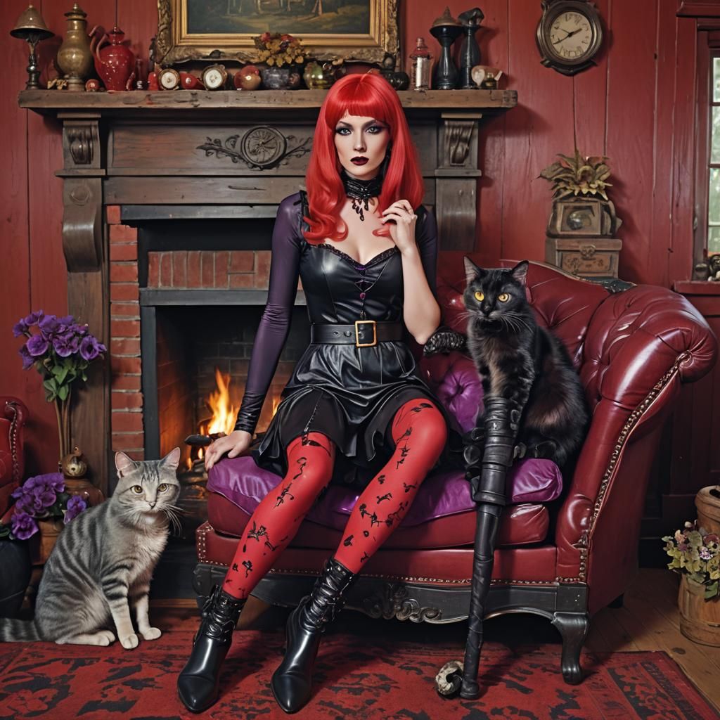 Elegant Witch with Cat in Surreal Cottage