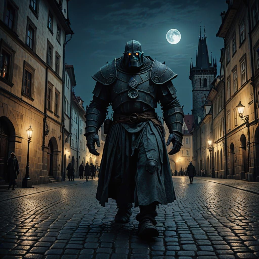 Giant Golem in Medieval Prague: Dark Fantasy Art