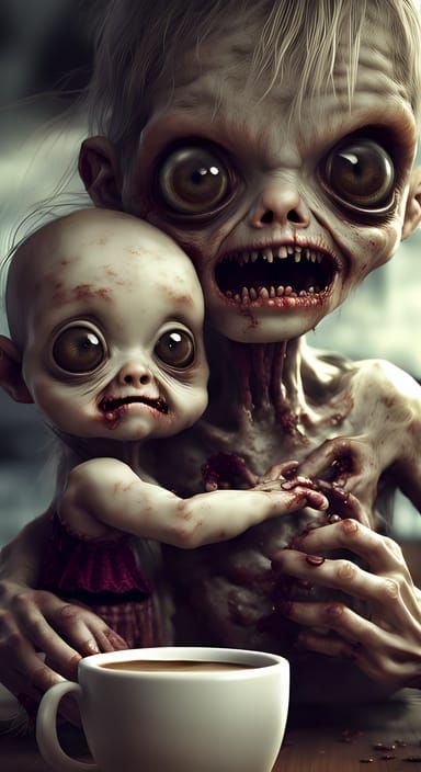 Cute Eerie Zombie Creature with Baby