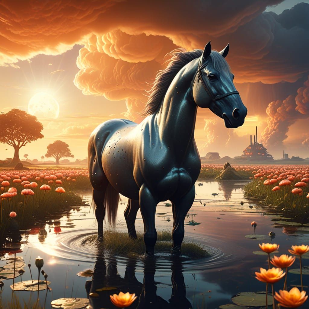 Nuclear Horse Replaces Peasant Horse in Dreamlike Landscape
