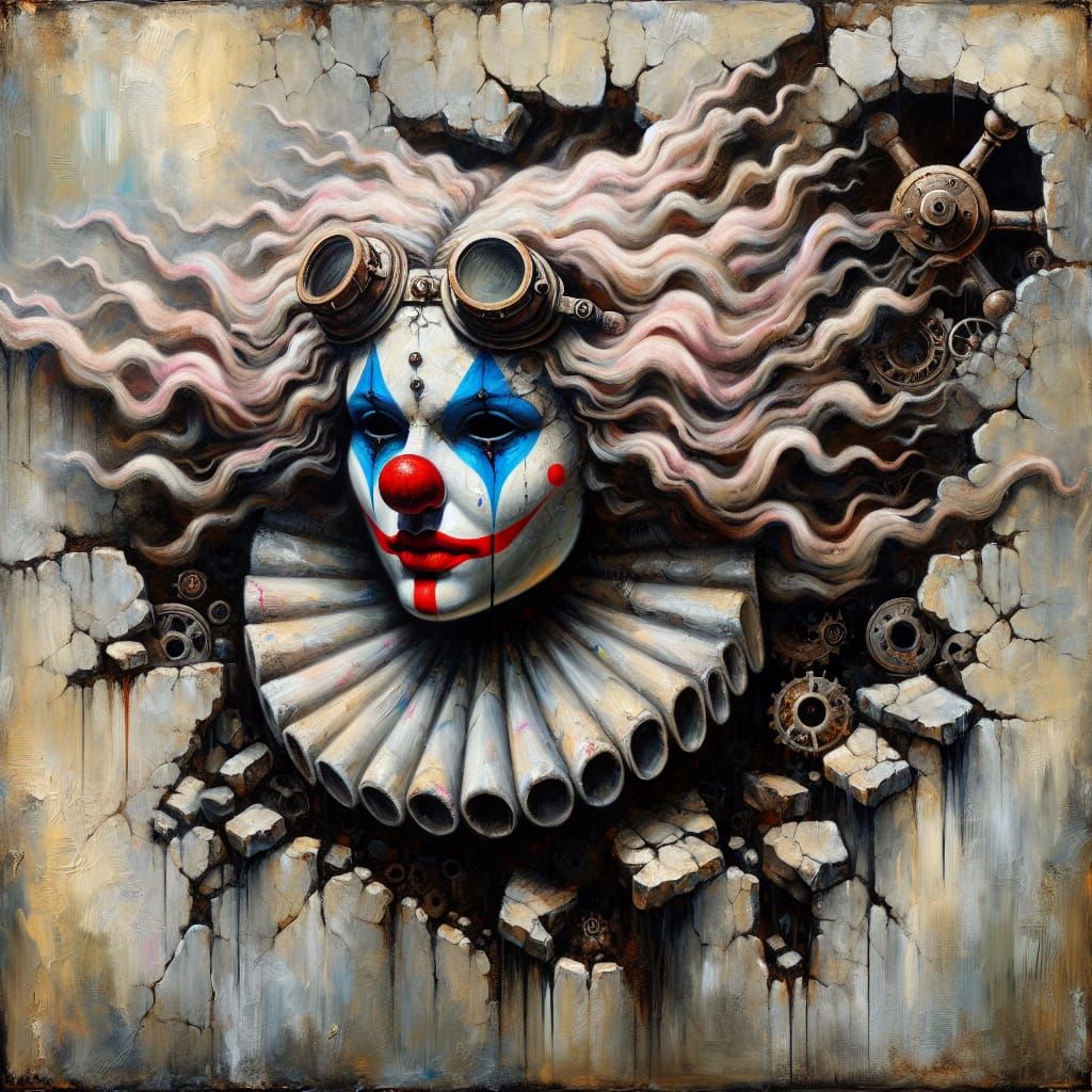 Surreal Gothic Woman Clown Face Erupts from Grungy Wall in I...
