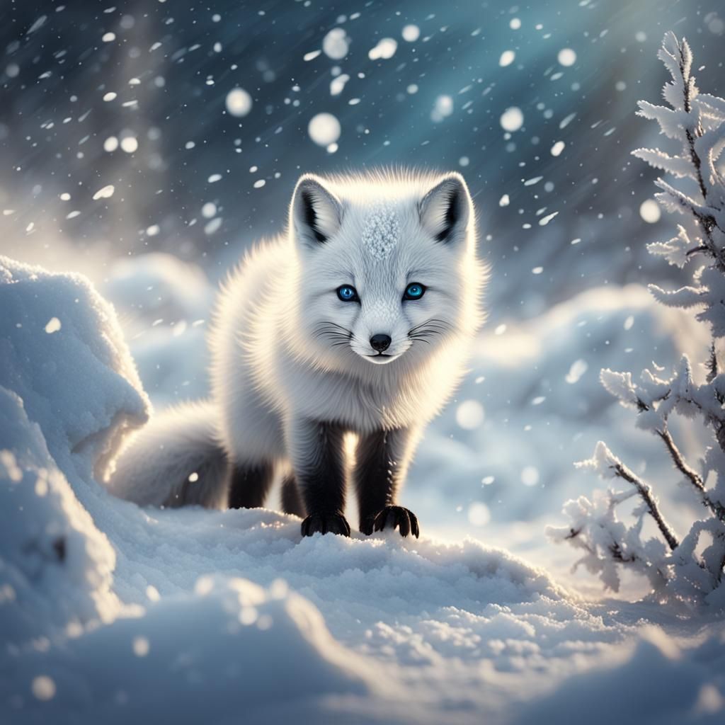 Arctic Fox Cub Plays in Snowy Landscape