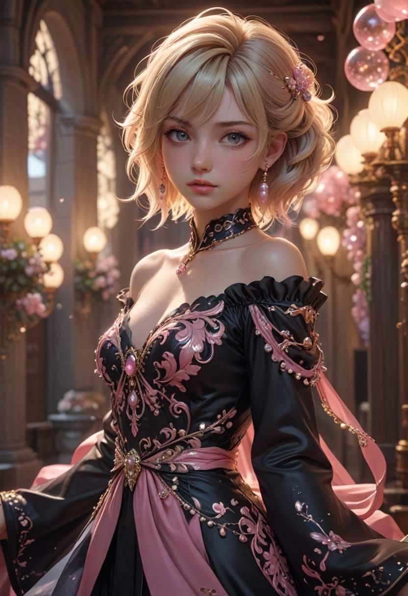 Surreal Anime Goddess with Radiant Pink Eyes and Elegant Pin...