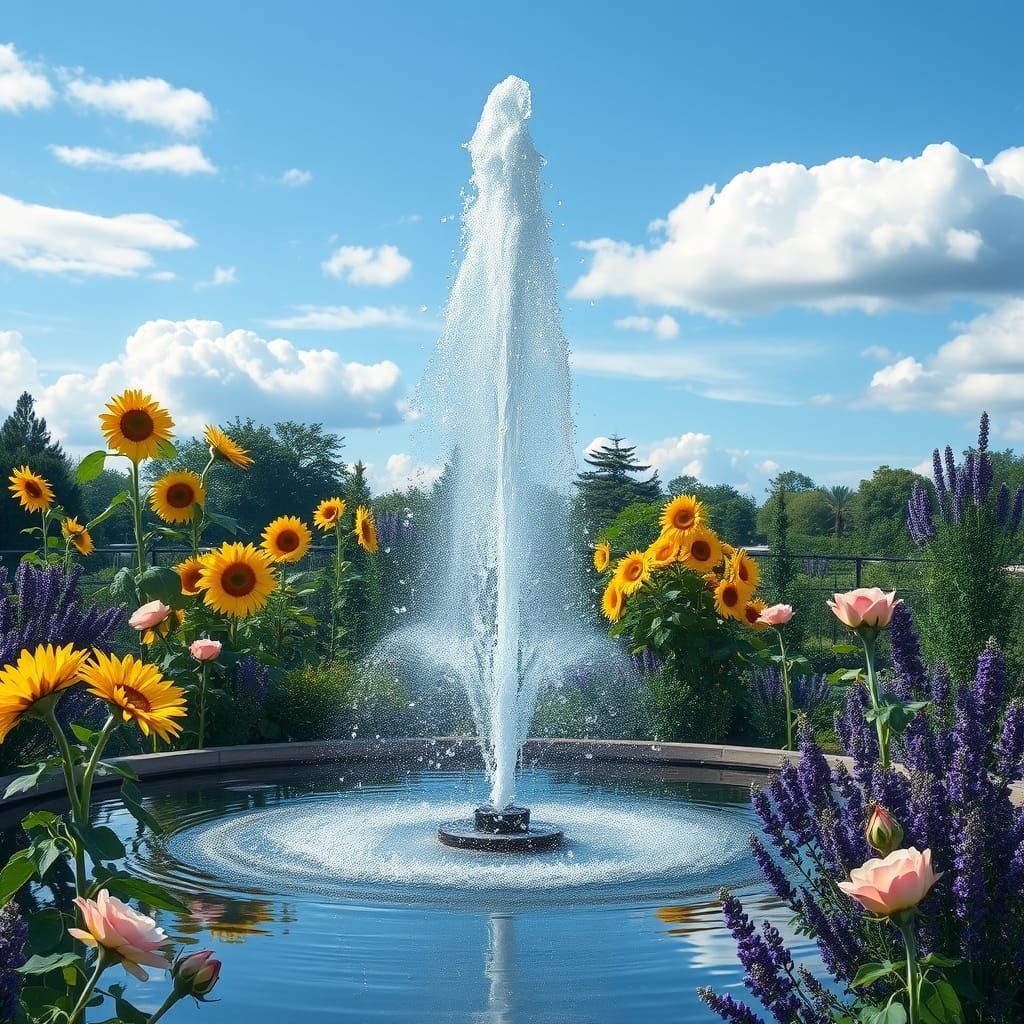 Magnificent Fountain in Lush Garden: Impressionistic Style