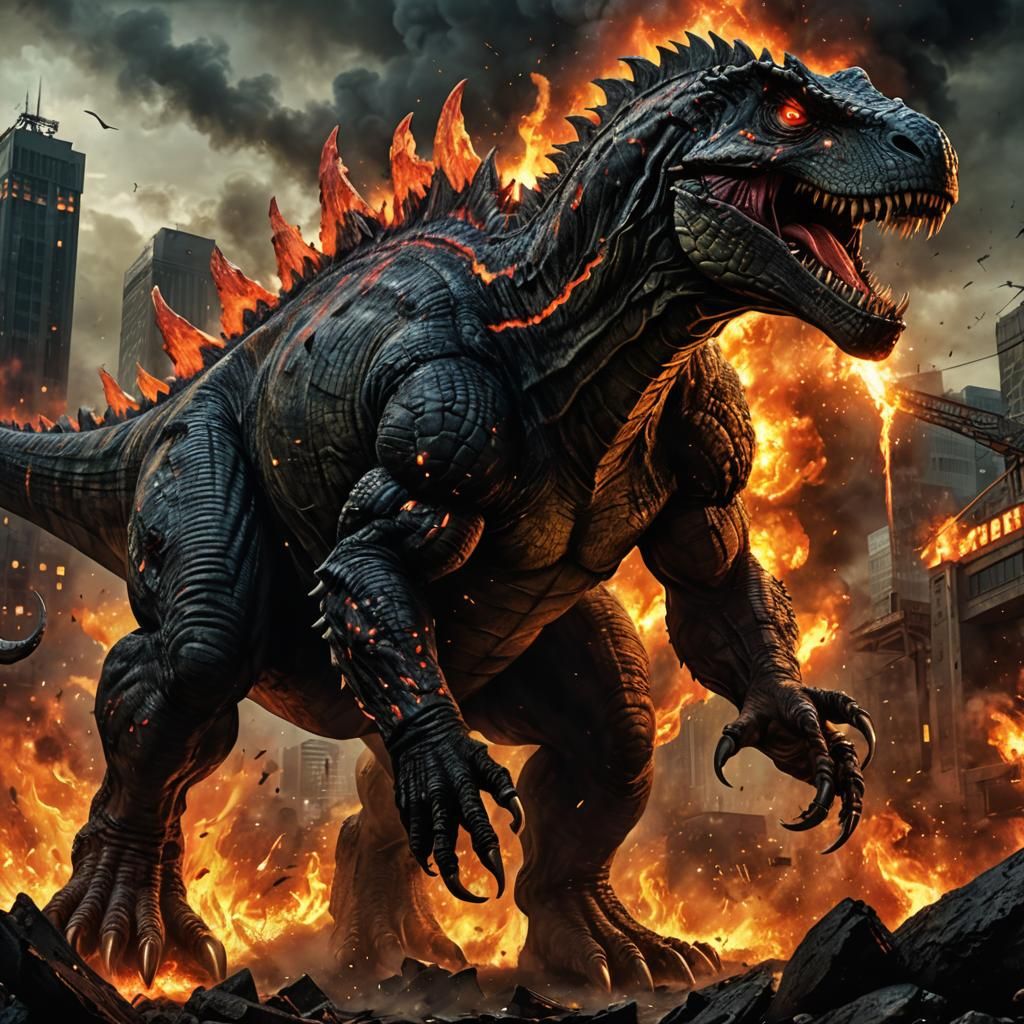 Radioactive Dinosaur Monster Roaring in Dark Fantasy Style