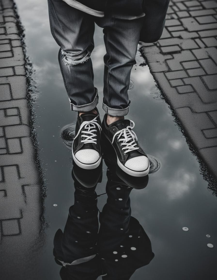 Monochrome Sneaker Reflection in Water Puddle