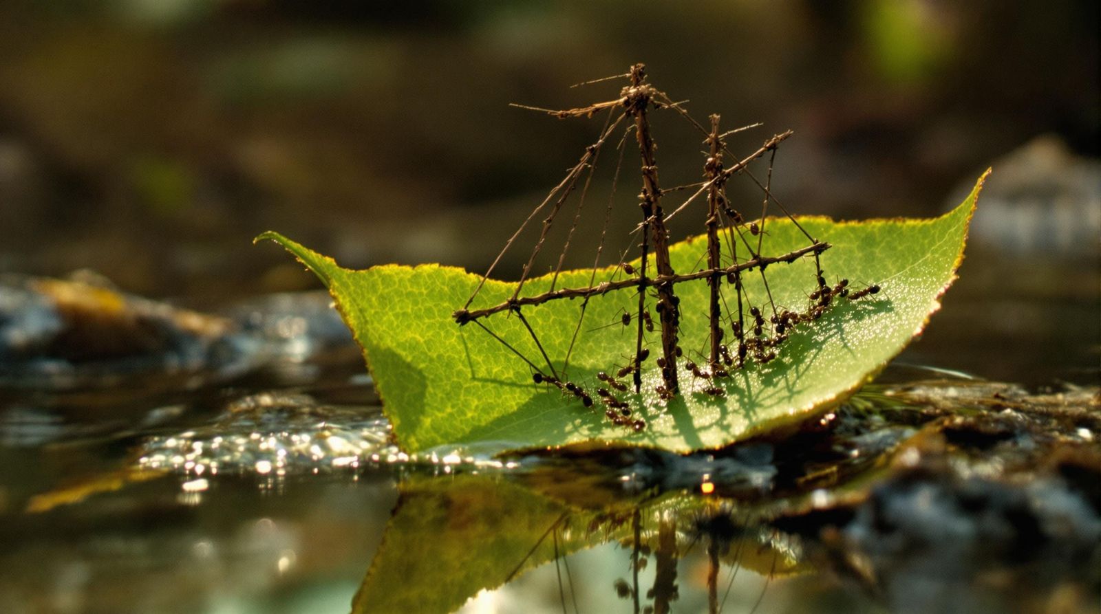 Ants Sail Leaf Ship Down Creek: Macro Photograph