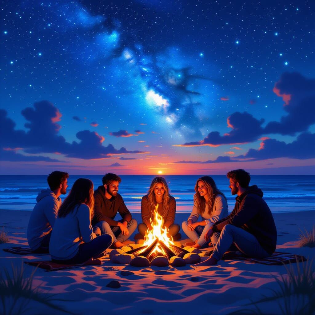 Bonfire on Beach Under Starry Sky, Digital Painting