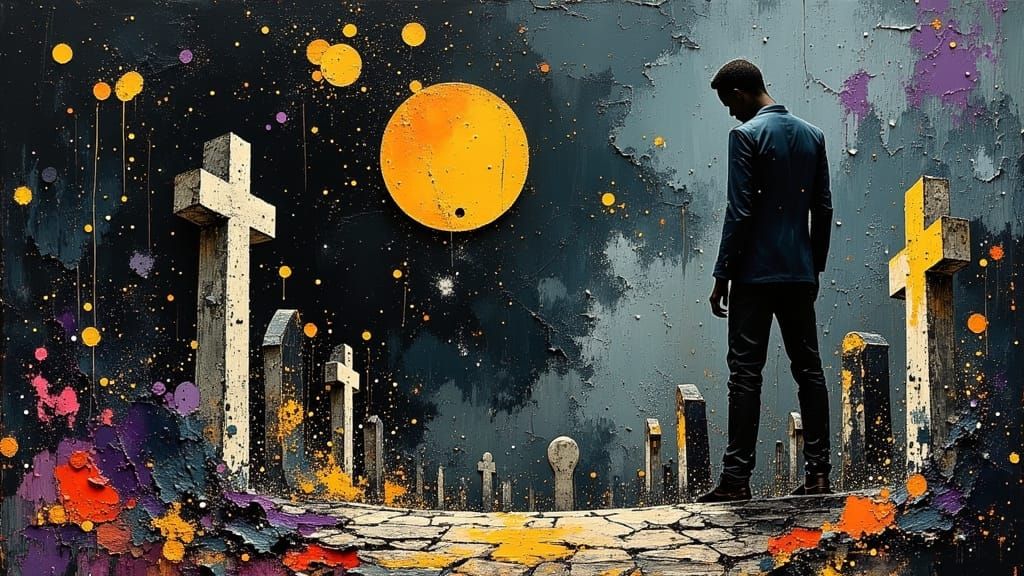 Impressionist Graveyard with Vibrant Paint Splashes