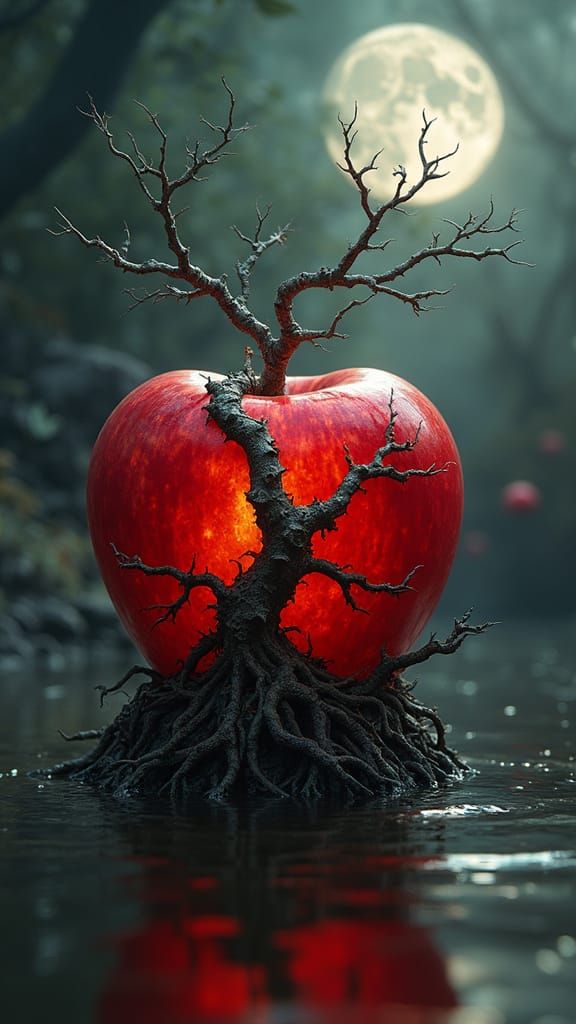Vibrant, Surreal Apple Scene in Dark Fantasy Style