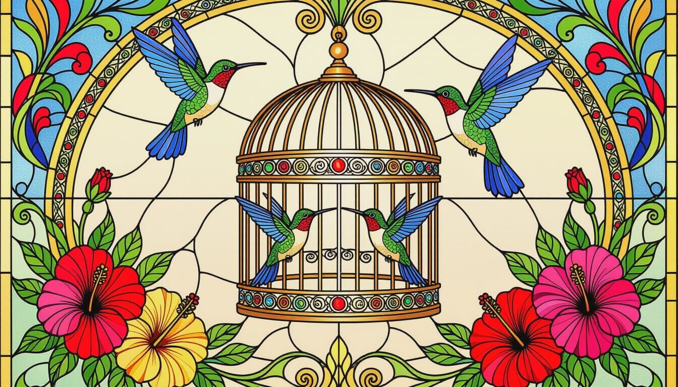 Art Nouveau Bird Cage with Hummingbirds and Hibiscus