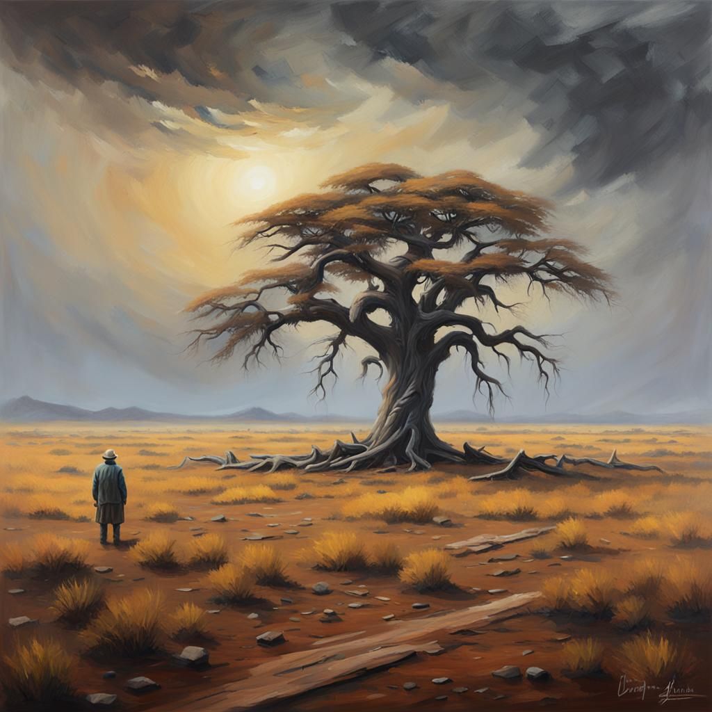 Desolate Wasteland Landscape with Acacia Tree