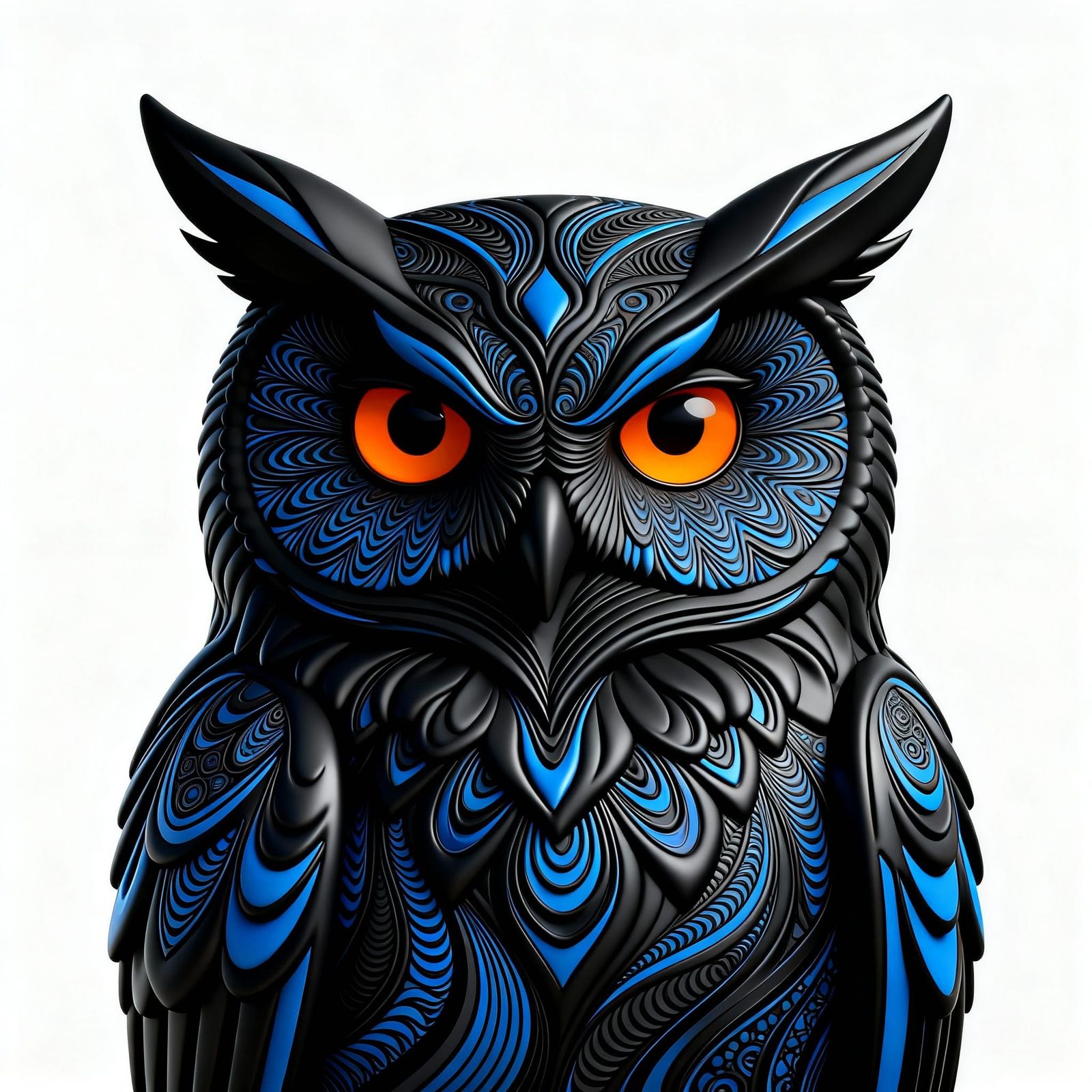 Abstract Black and Blue Owl with Orange Eyes