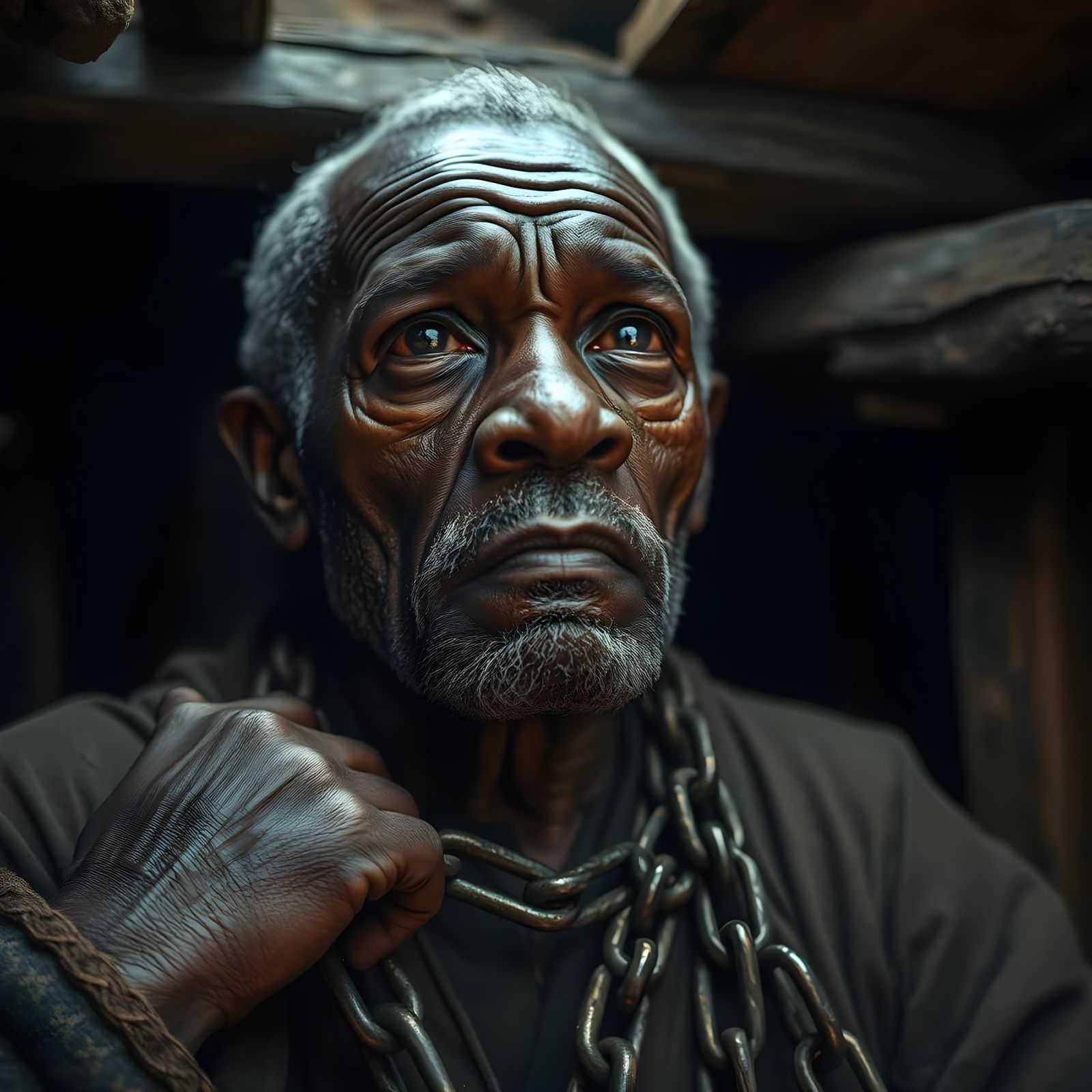 Moody Portrait of an Old Prisoner in a Dimly Lit Ship Hold