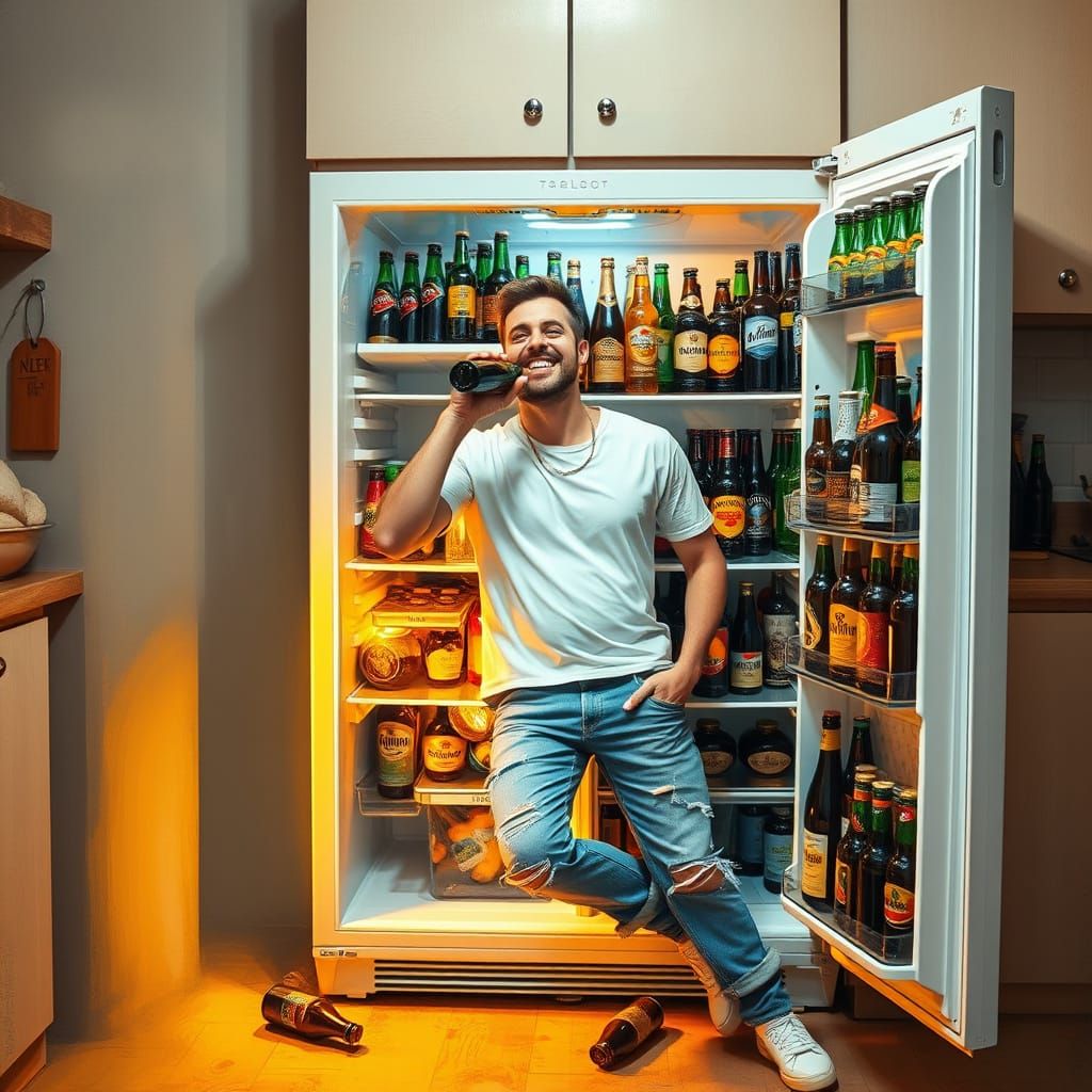 Happy Man in Cozy Beer-Themed Kitchen Scene