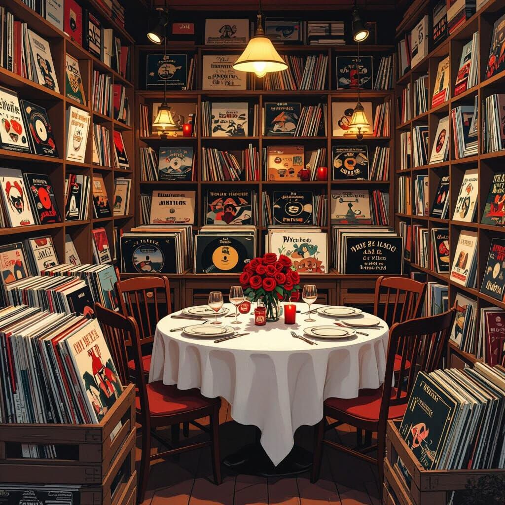 Romantic Dinner in a Vintage Record Store