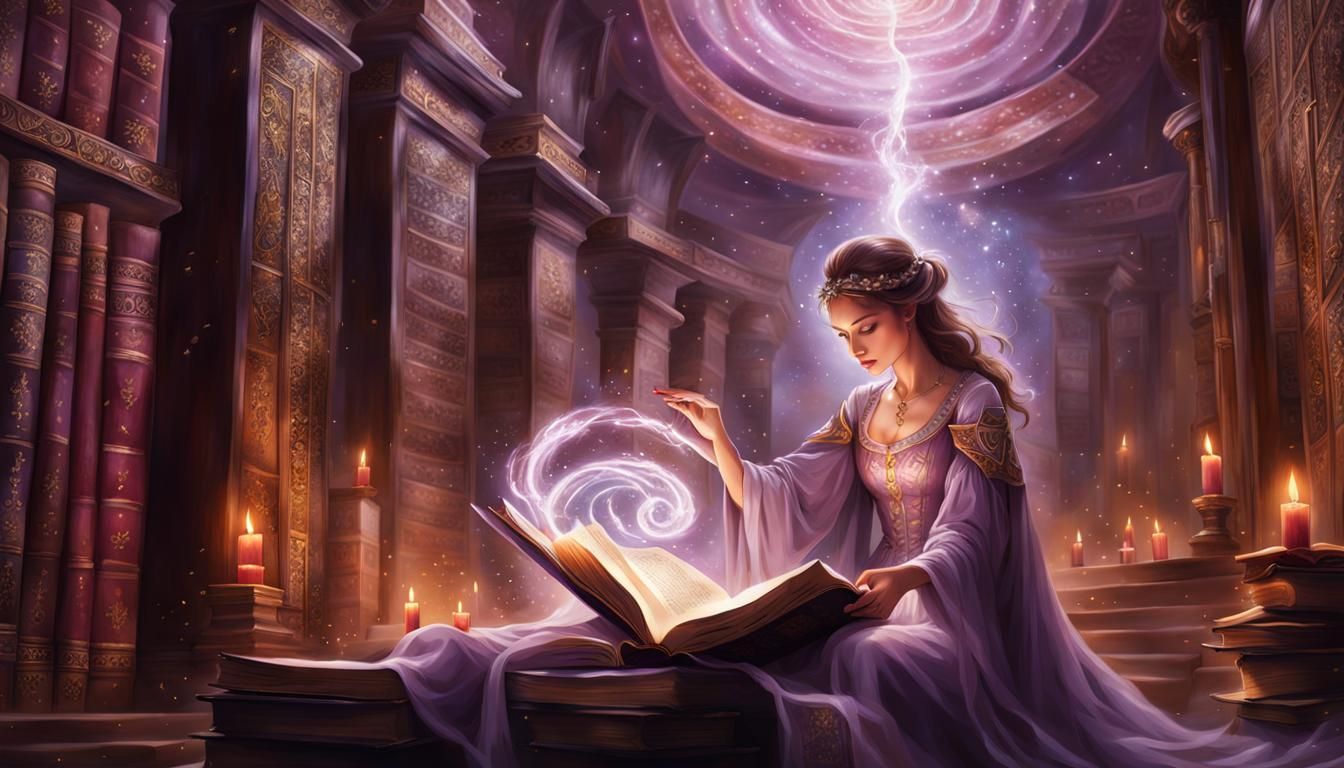 Mage in Ancient Library with Swirling Magic