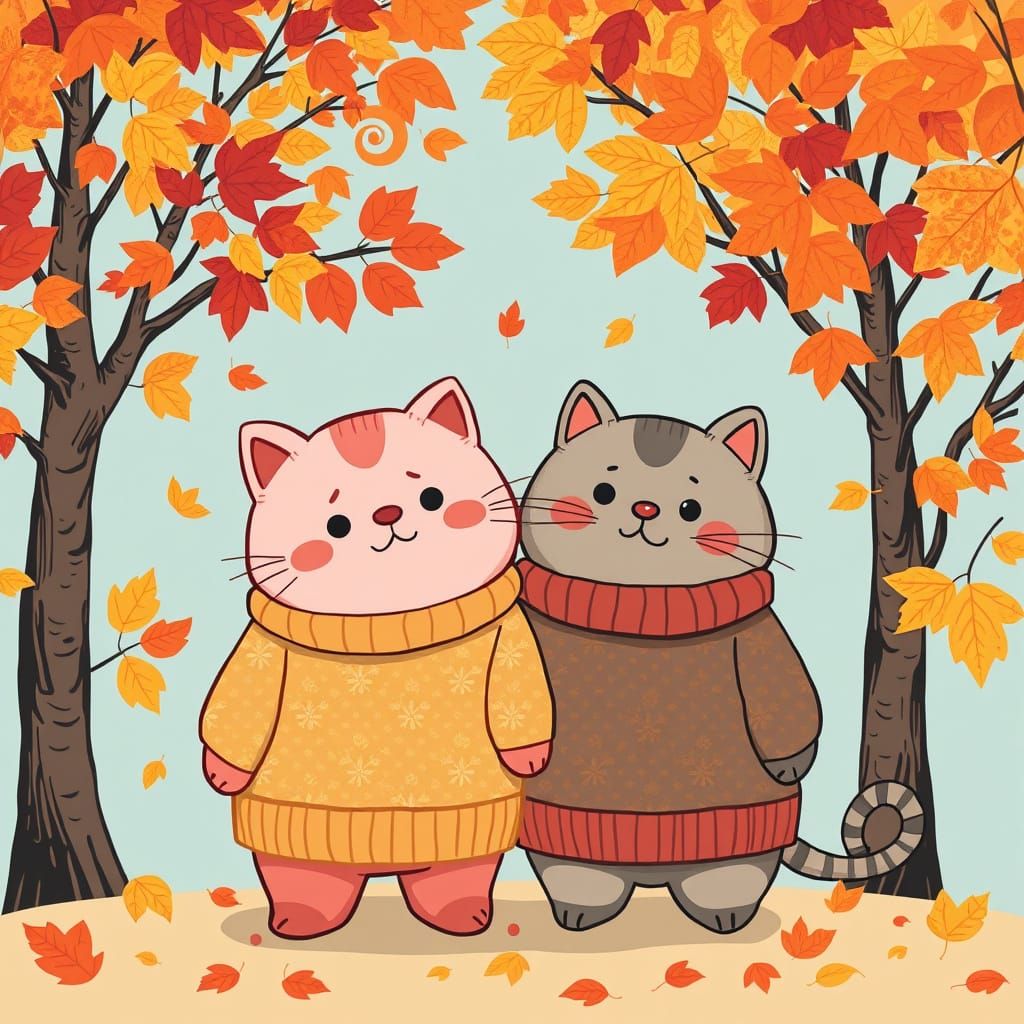 Kirby and Pusheen's Autumn Adventure: Whimsical Illustration