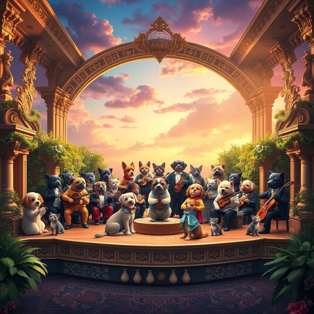 Surreal Fantasy Orchestra Scene in Whimsical Baroque Style