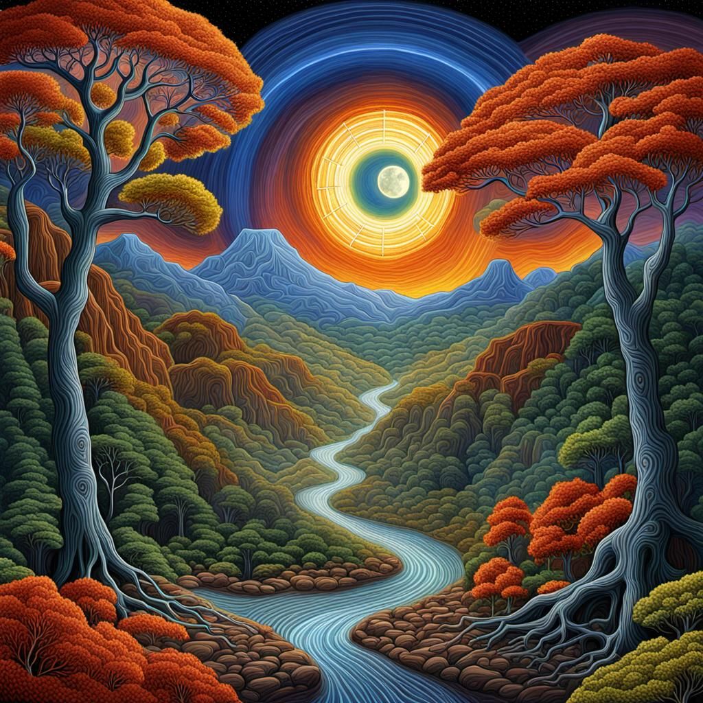 Surreal Valley of the Ancients in Alex Grey Style