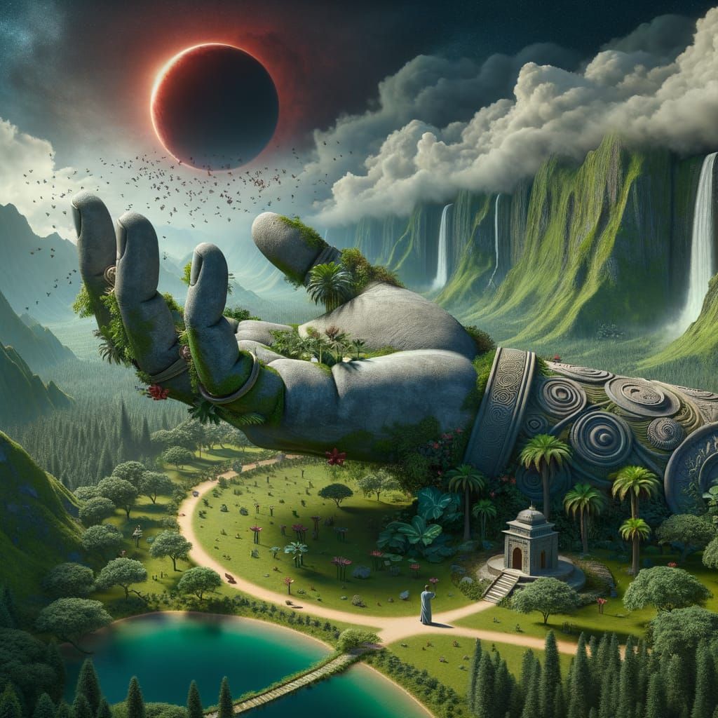 Ancient Stone Hand With Lush Landscape Under Red Eclipse