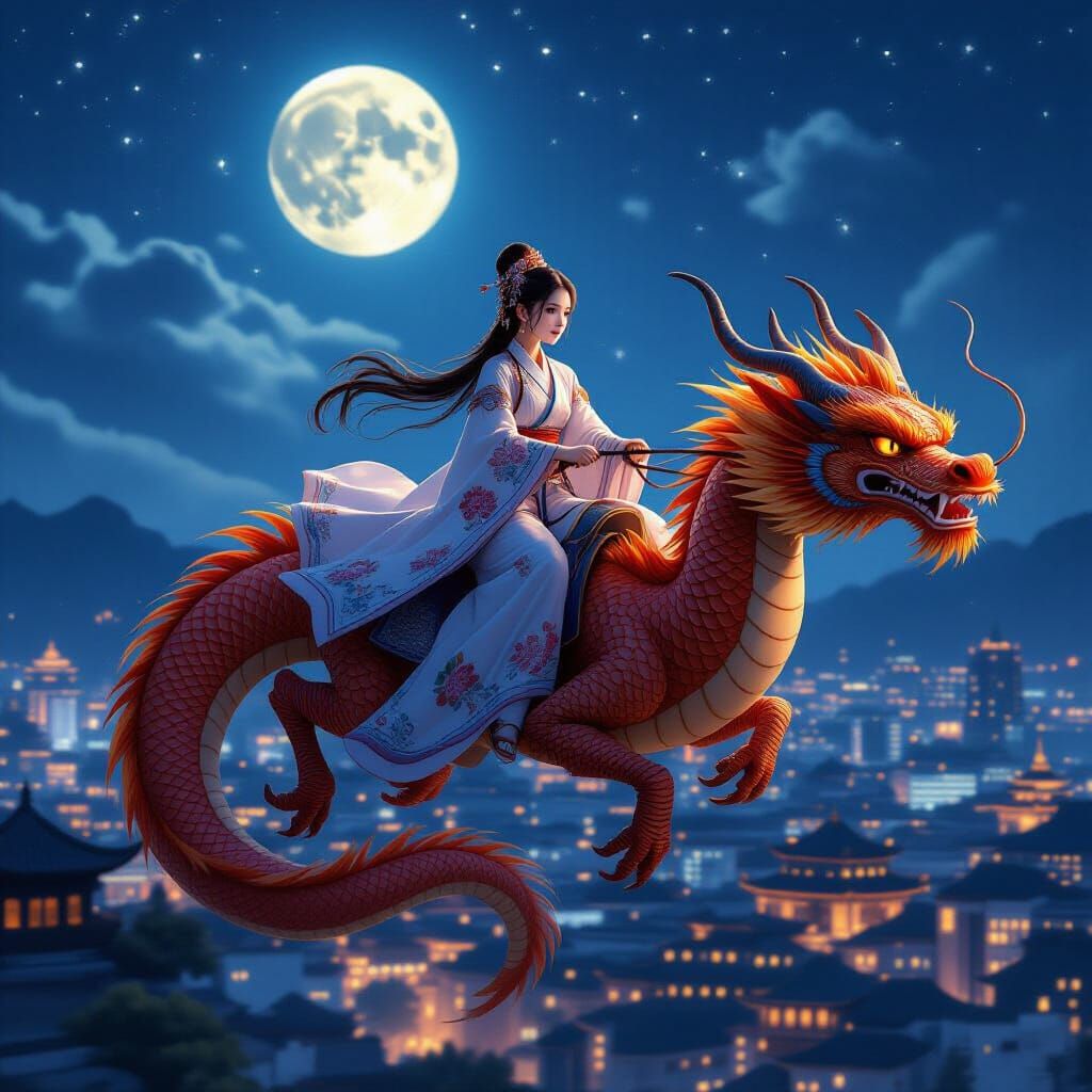 Hanfu Woman Rides Dragon Over City in Moonlight