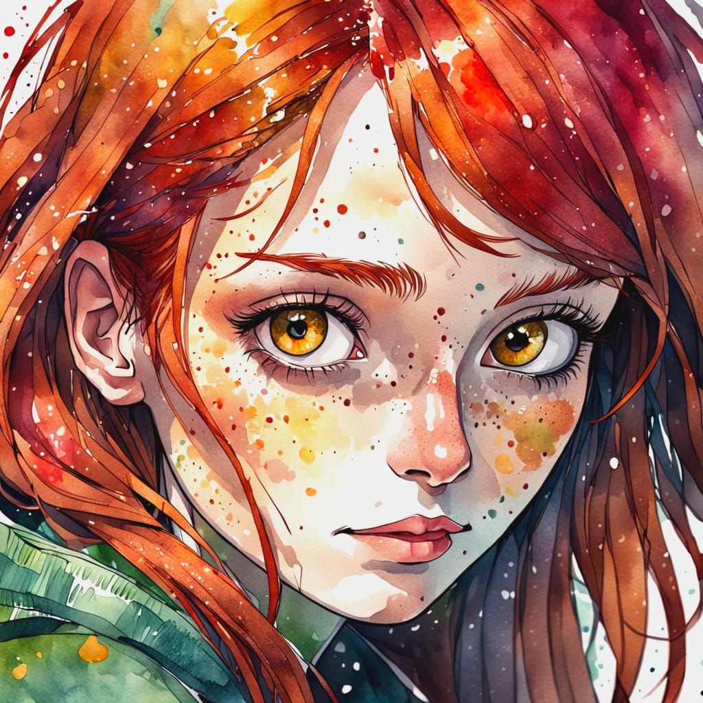 Watercolor Ink Portrait of a Freckled Redhead