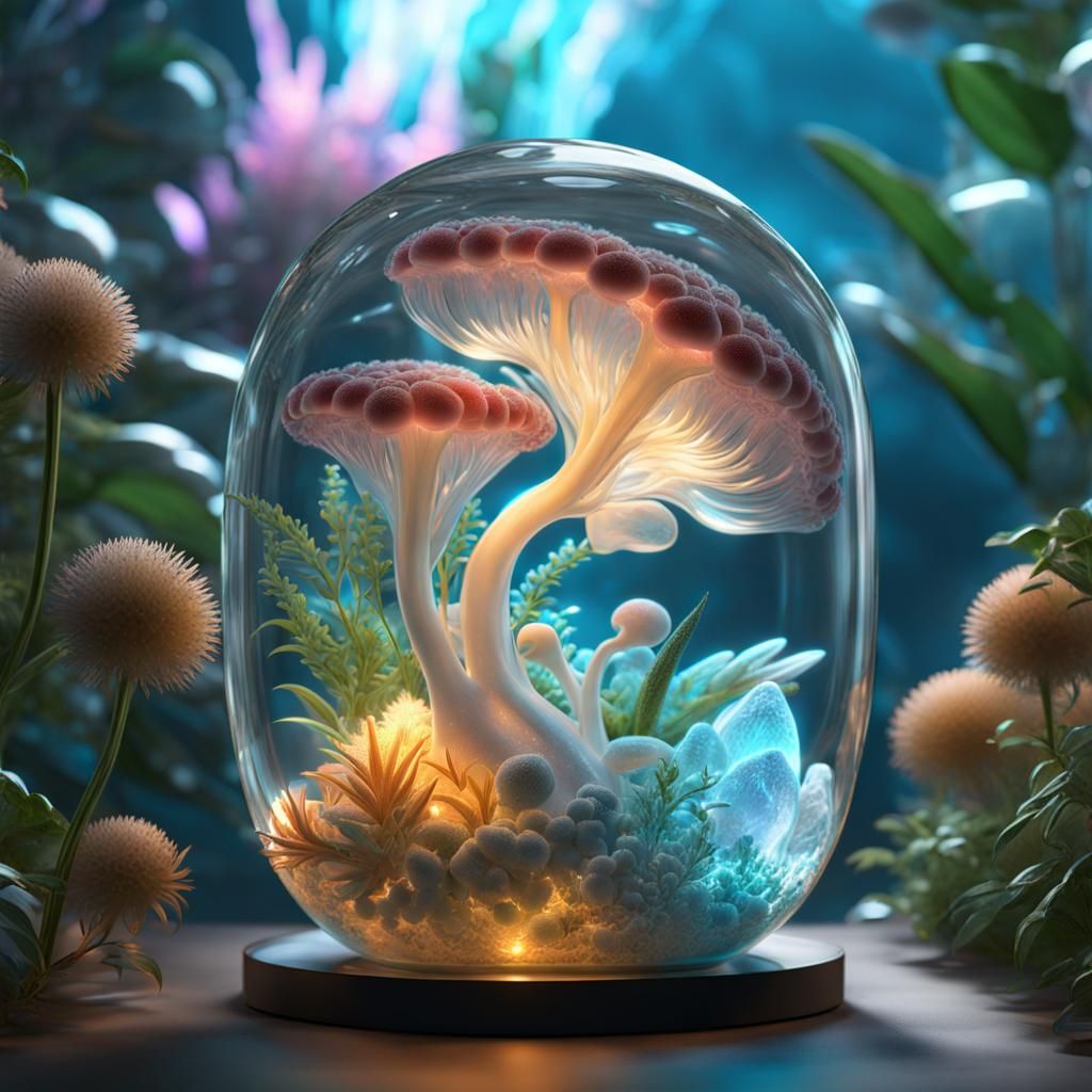 Bioluminescent Mushroom in Glass Womb: Hyperreal Display