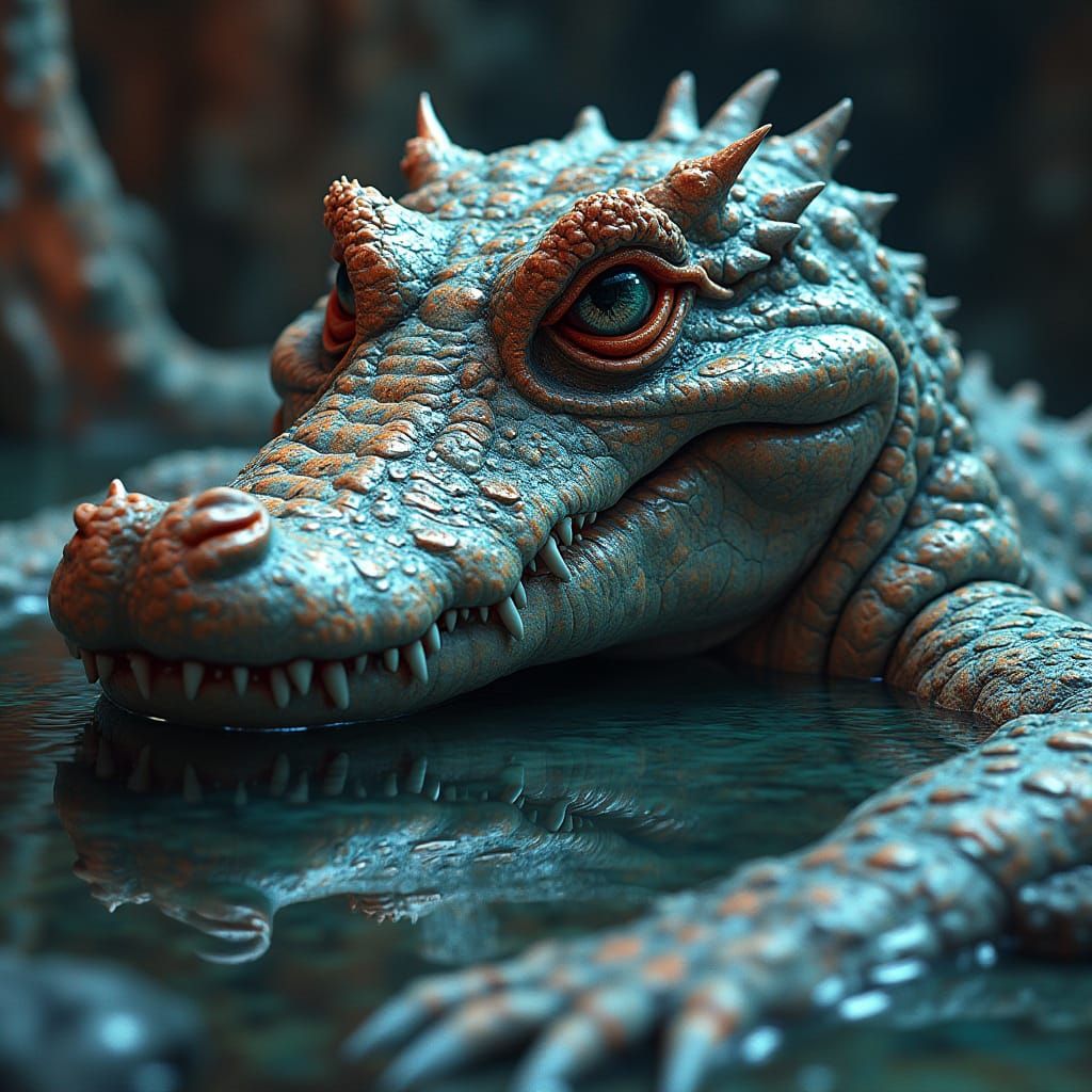 Glossy Anaglyphic Crocodile-Man Hybrid in Timeless Horror