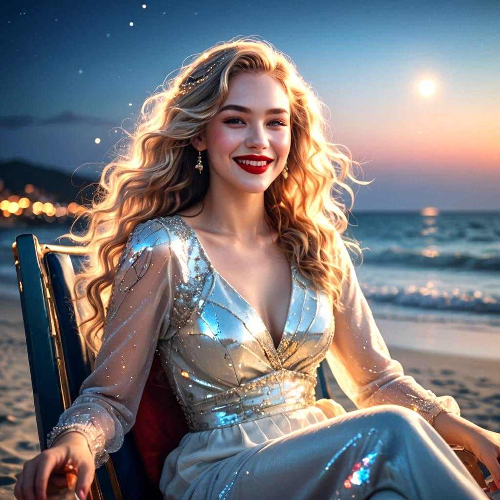 Golden Sparks Girl in Ocean Moonlight, Fantasy Art