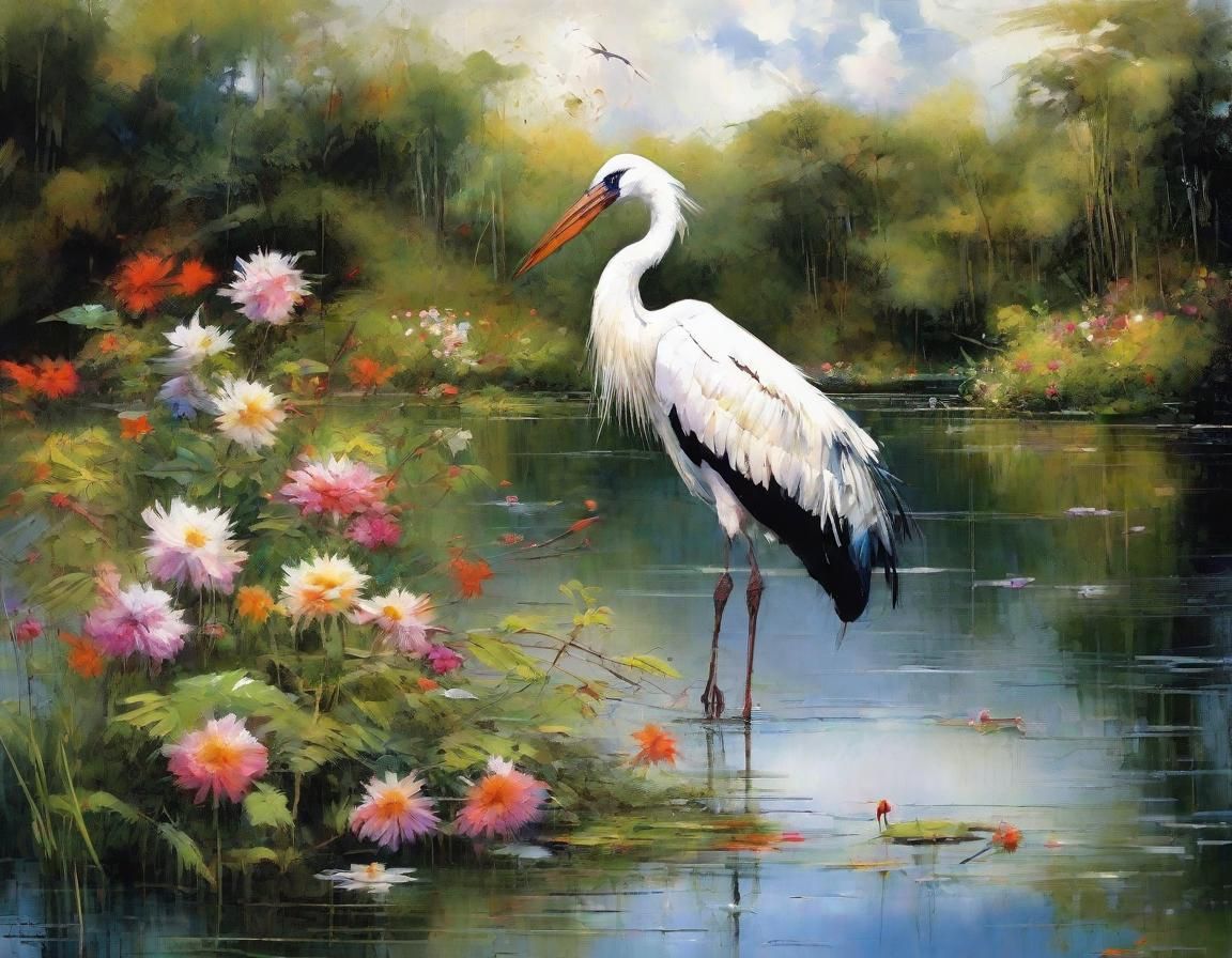 Stork in Flight Over Serene Fantasy Lake