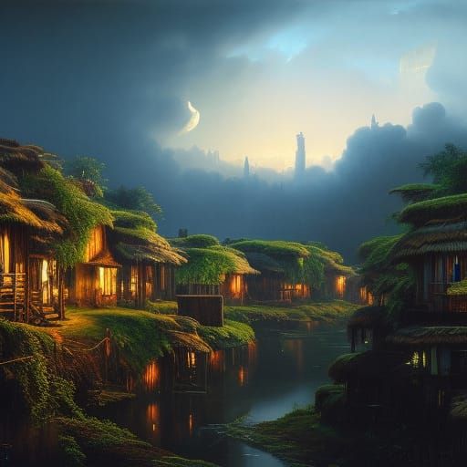 Surreal Village in Palm: Dreamlike Concept Art