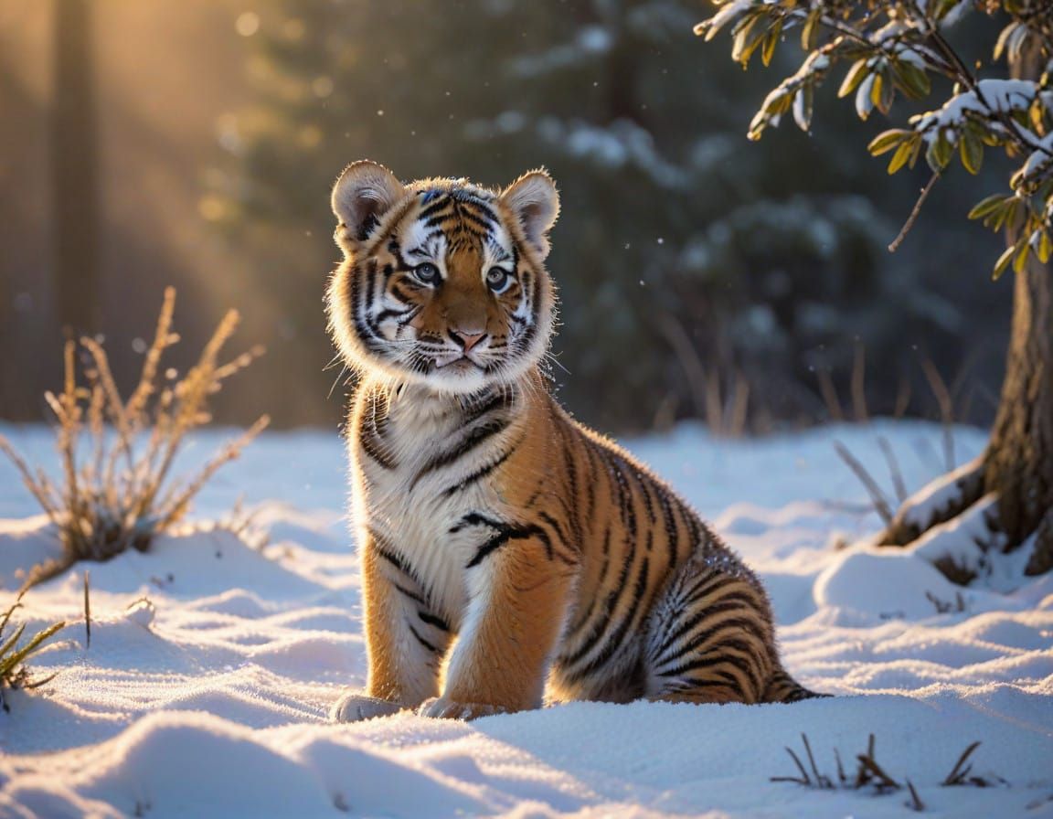 Snowy Dawn Discovery by a Tiger Cub