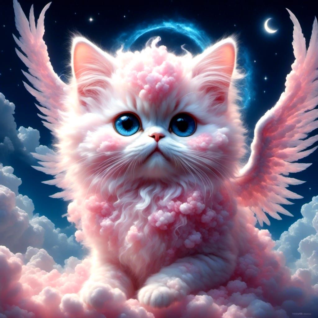 Pastel Pink Cloud Cat in Luminous Night Sky