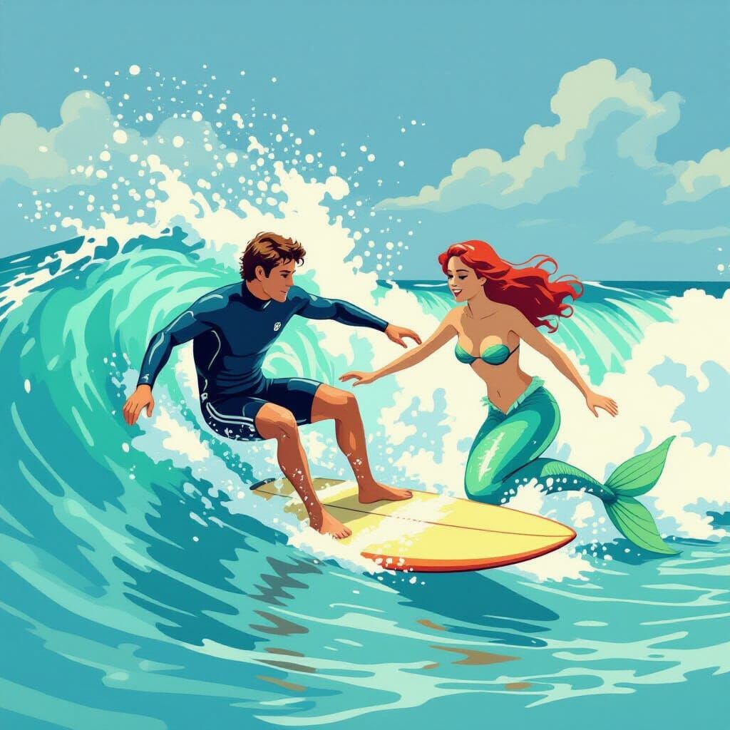Man Pulled Underwater by Mermaid on Surfboard