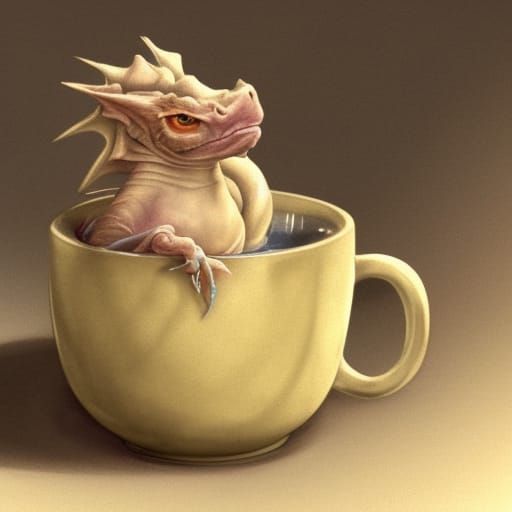 Cute Dragon Hatchling in Tea Cup, Watercolor Sketch