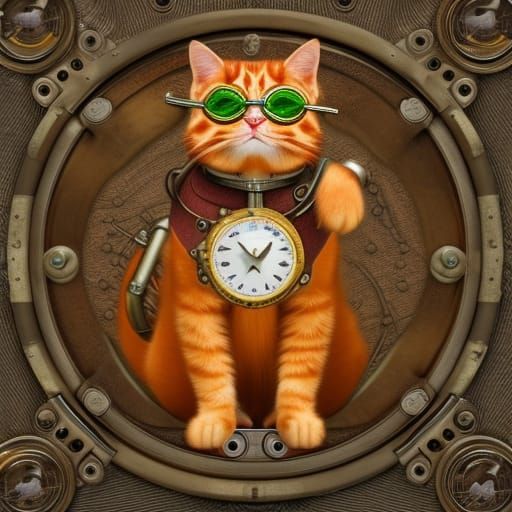 Steampunk Ginger Cat in Art Nouveau Style