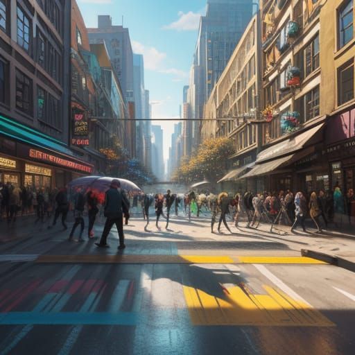 Vibrant Urban Street Scene at Golden Hour