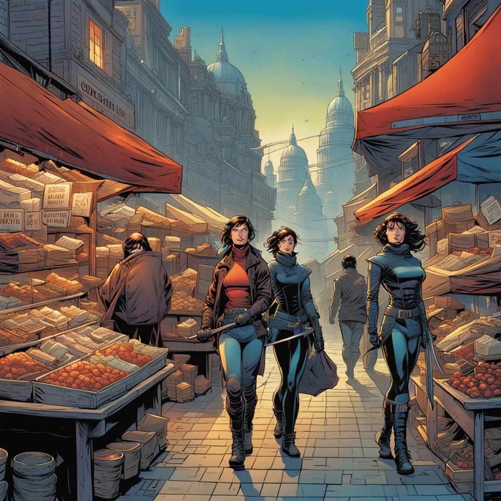 Cyberpunk Market Scene in Comic Book Style