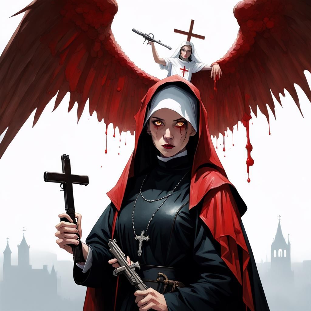 Angelic Nun with Double Barreled Gun, Sinister
