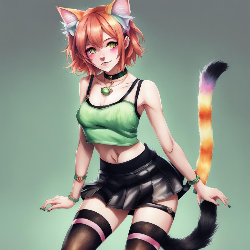 Beautiful Calico Neko Girl with Rainbow Stockings