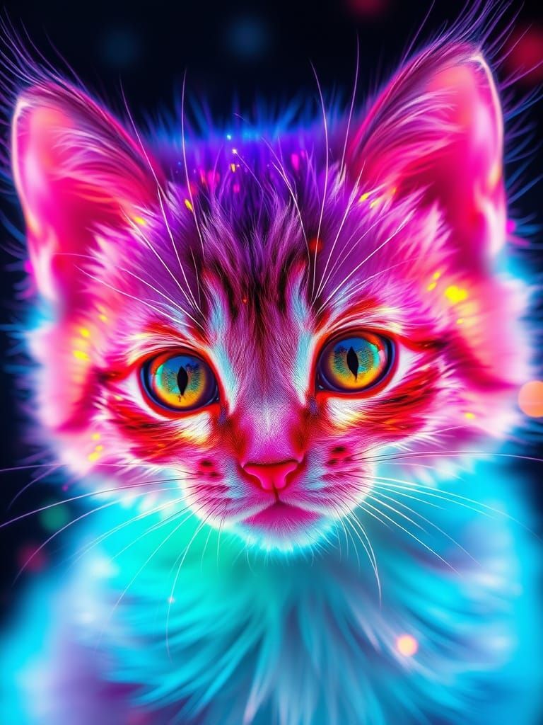 Hot Crystalline Kitten Face Made of Glowing Numbers