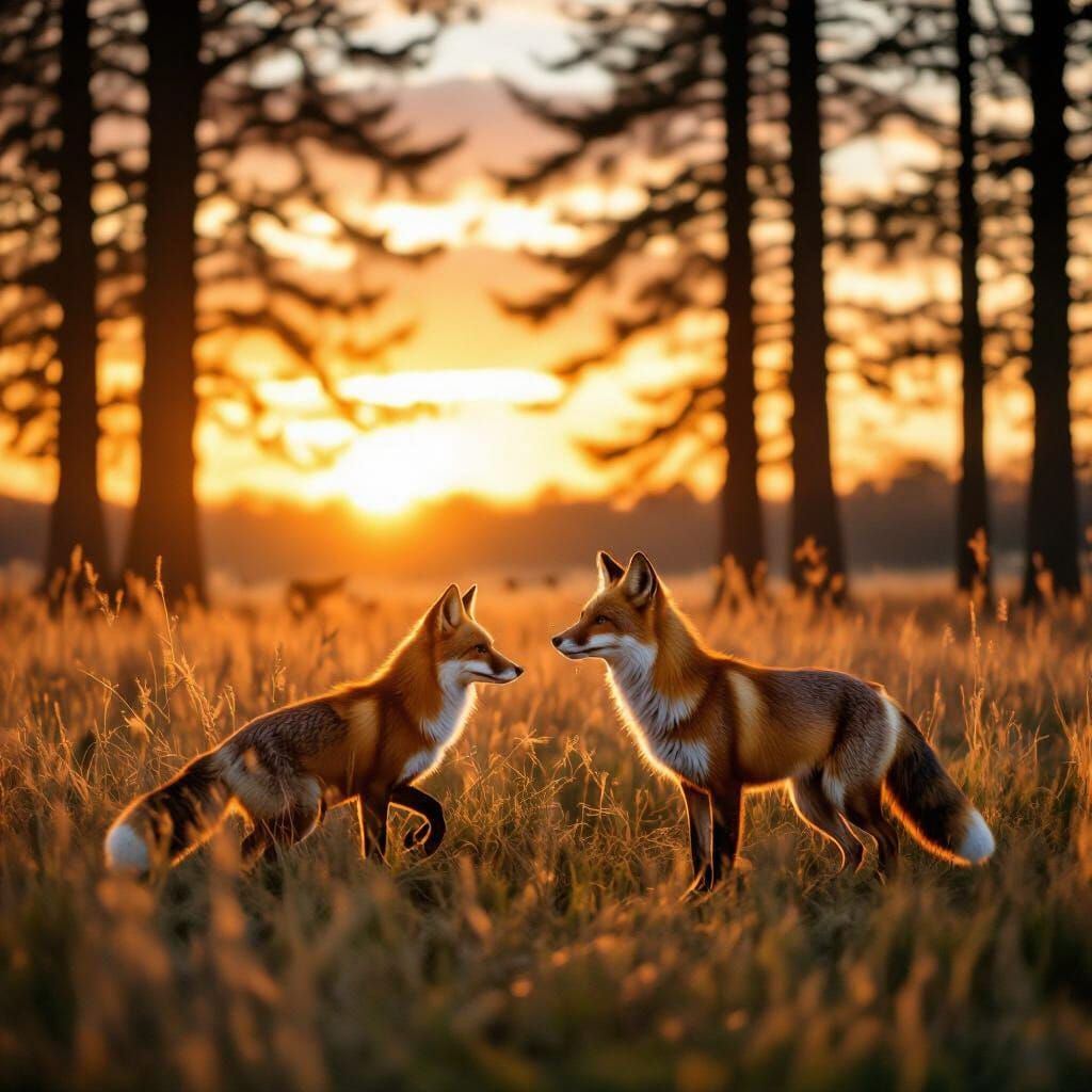 Fox Hunting at Sunset in Open Field