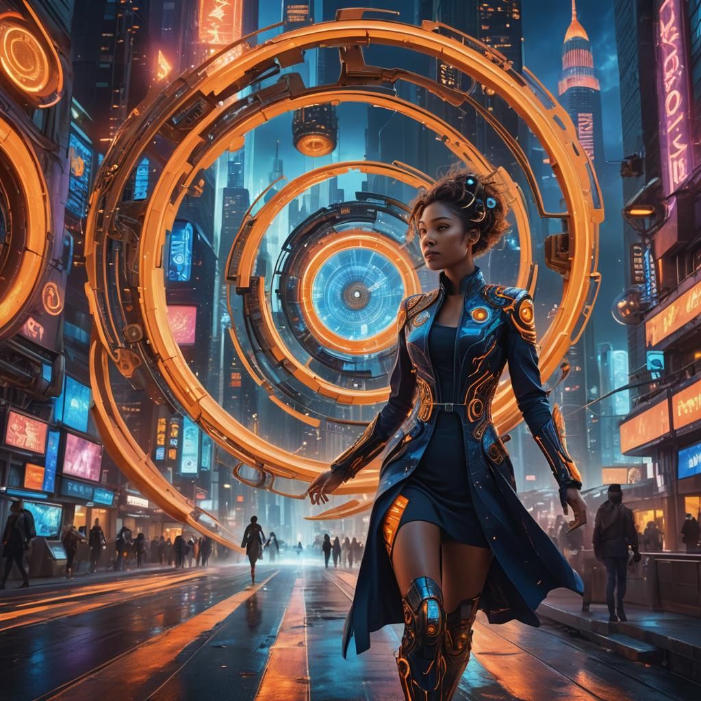 Futuristic Woman Walks Through Neon Time Portal